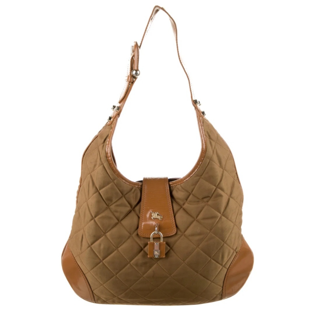 Burberry Caramel Brown Quilted Nylon Hobo Bag.